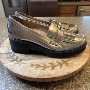 Naturalizer Loafers Womens 9.5W Silver Leather Kiltie Fringe Platform Comfort